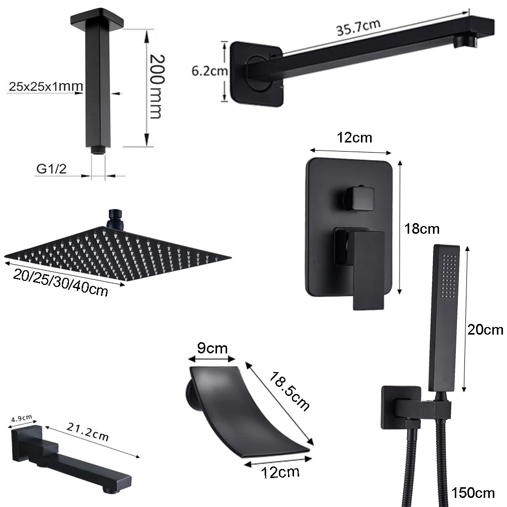 POIQIHY Aura - Matte Black Rainfall Shower System with In-Wall Mixer