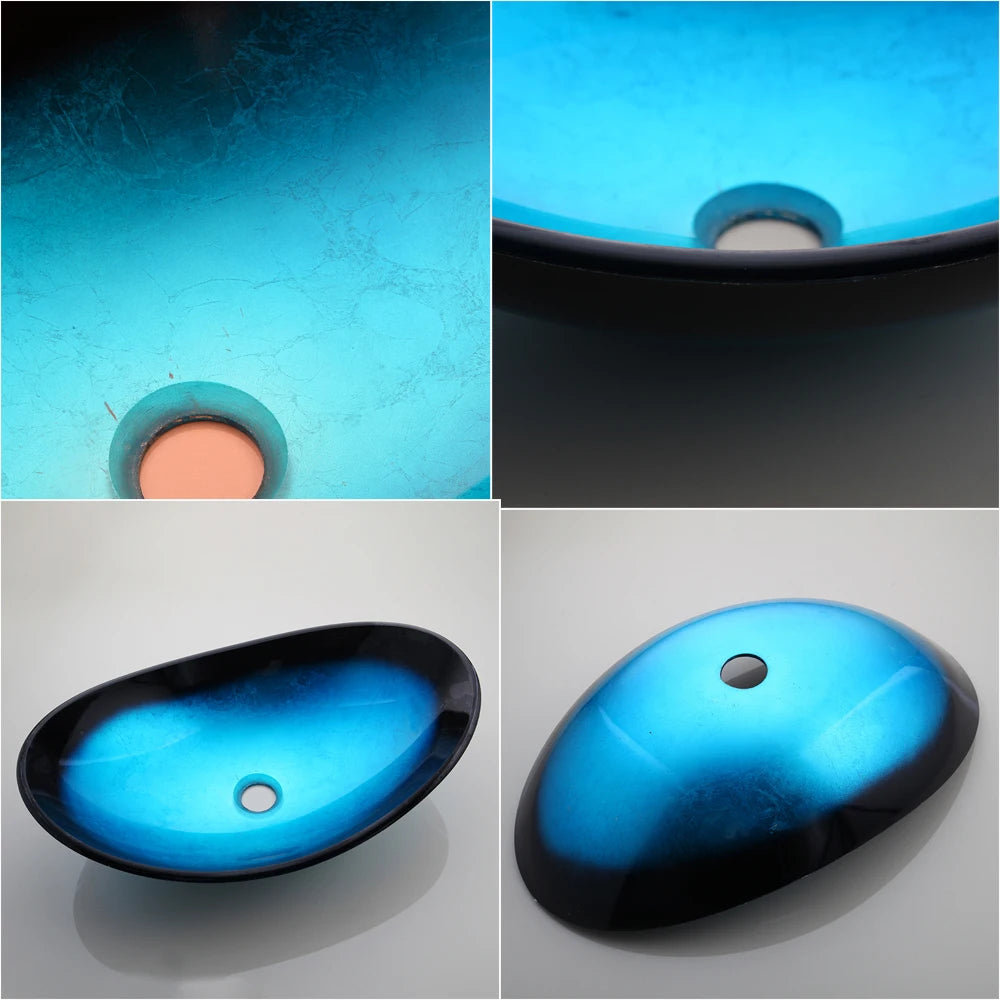 Blue Oval Tempered Glass Vessel Sink Set