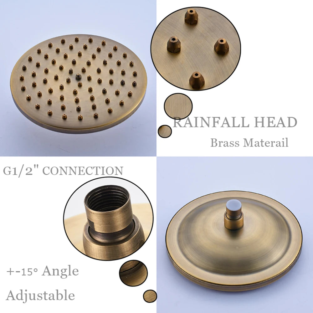 POIQIHY Vintage Rainfall Shower System - Antique Brass Wall Mount