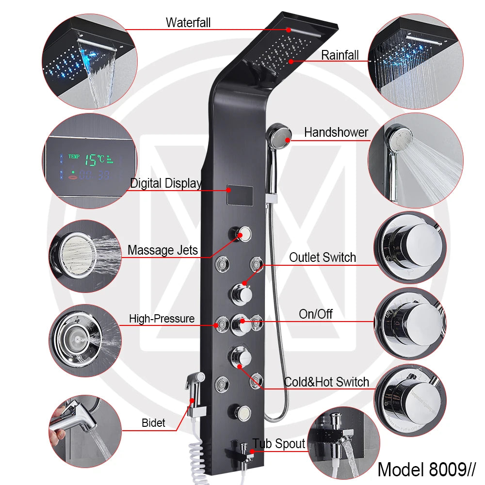 LED Rainfall Shower Panel - Massage Jet Column System
