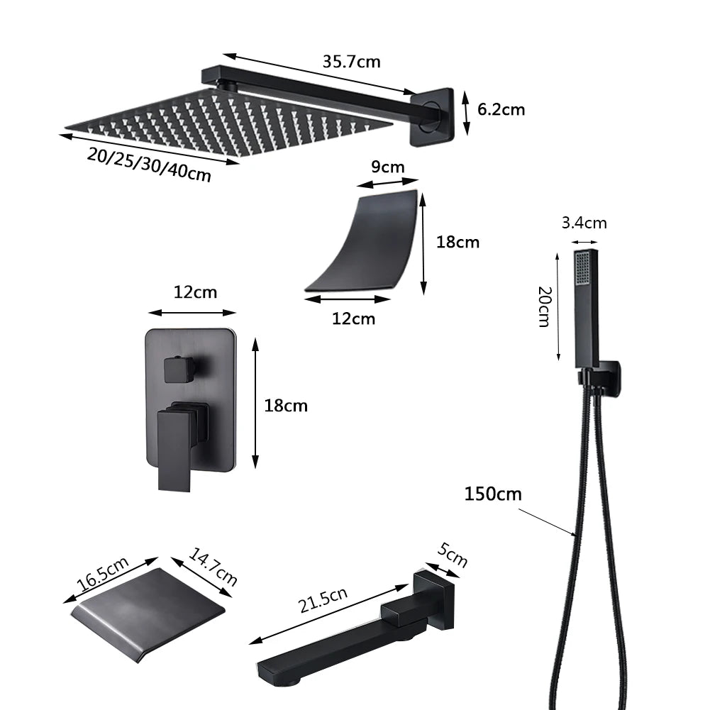 Rozin Matte Black Rainfall Shower System - Wall Mounted Kit
