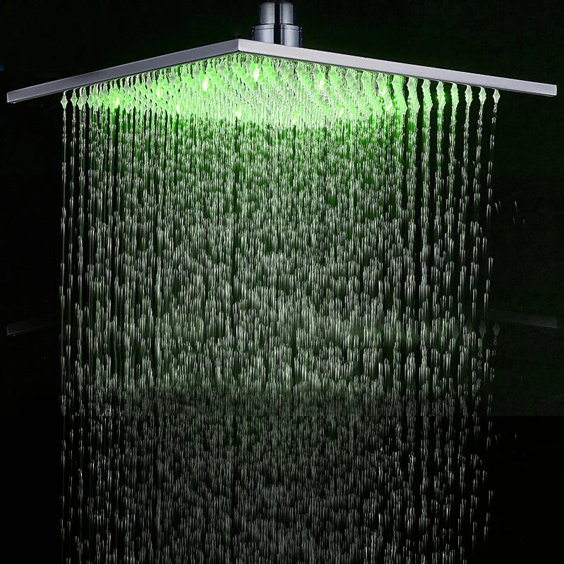 LED Rainfall Shower Head - Large Brass Square Faucet