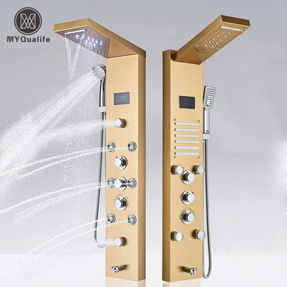Aureum Luxe - Golden LED Shower Panel with Waterfall & Massage Jets