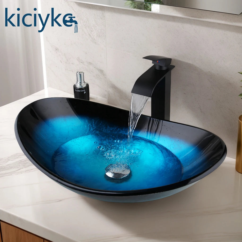 Blue Oval Tempered Glass Vessel Sink Set