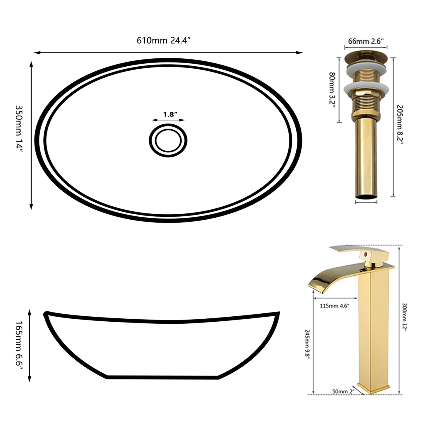 Gold Oval Vessel Sink - 24" Ceramic Basin Set