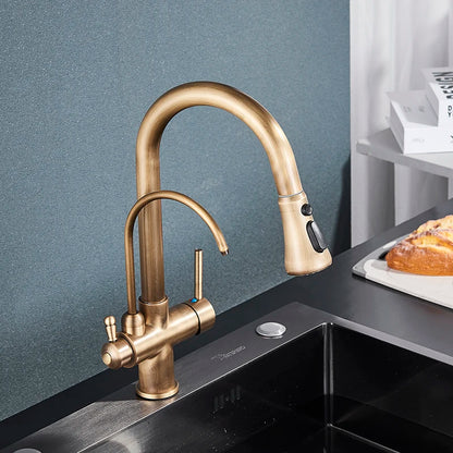 Antique Brass Filter Kitchen Faucet - Pull Out Spout