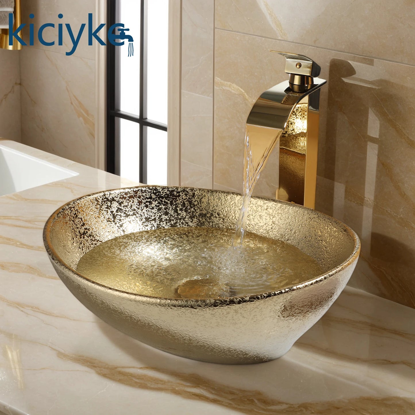 Elara 16" Gold Oval Vessel Sink - Ceramic Above Counter Basin Set