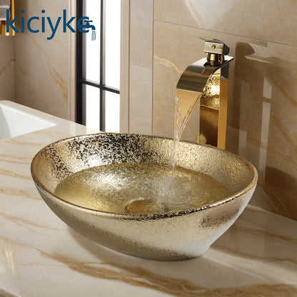 Elara 16" Gold Oval Vessel Sink - Ceramic Above Counter Basin Set