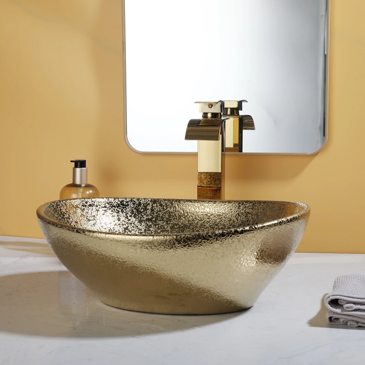 Elara 16" Gold Oval Vessel Sink - Ceramic Above Counter Basin Set
