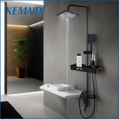 Matte Black Rainfall Shower System with Storage Shelf
