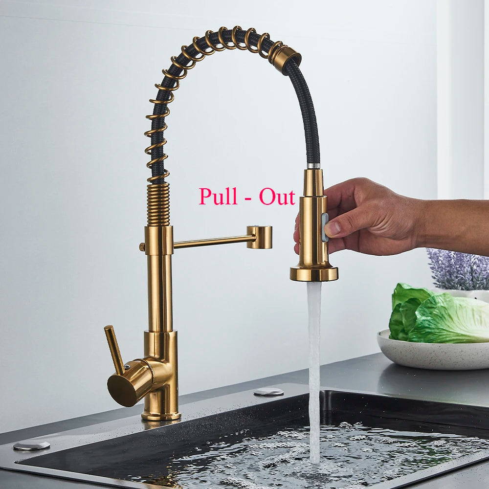 Spring Pull-Down Kitchen Faucet - Brushed Gold Mixer