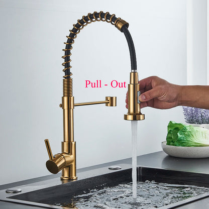 Spring Pull-Down Kitchen Faucet - Brushed Gold Mixer