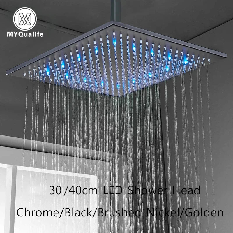 LED Rainfall Shower Head - Large Brass Square Faucet