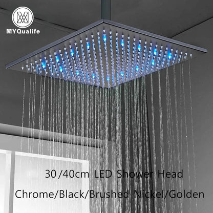 LED Rainfall Shower Head - Large Brass Square Faucet