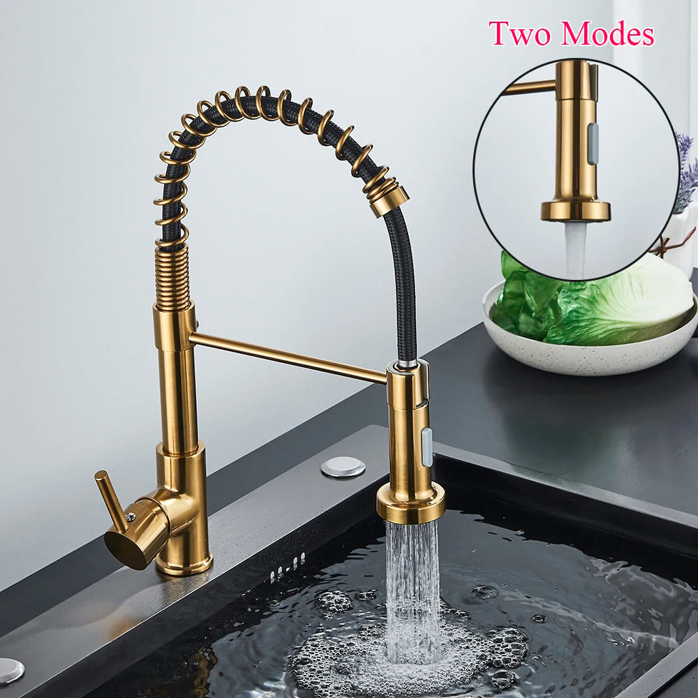 Spring Pull-Down Kitchen Faucet - Brushed Gold Mixer