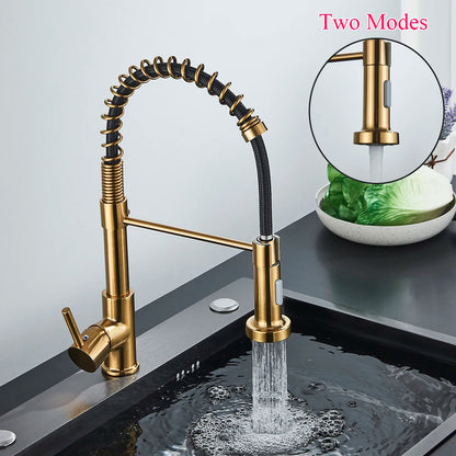 Spring Pull-Down Kitchen Faucet - Brushed Gold Mixer