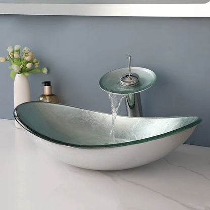 Argento Oval - Silver Tempered Glass Vessel Sink with Faucet
