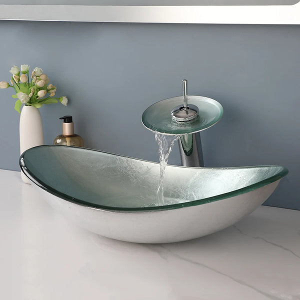 Argento Oval - Silver Tempered Glass Vessel Sink with Faucet