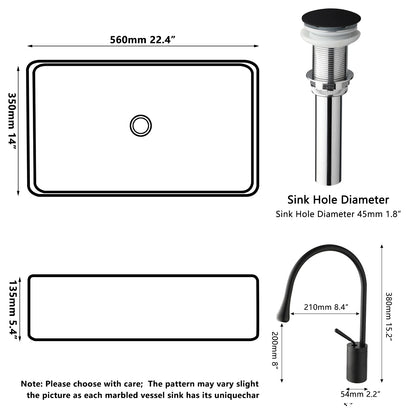 22-Inch Stone Resin Rectangle Vessel Sink with Faucet