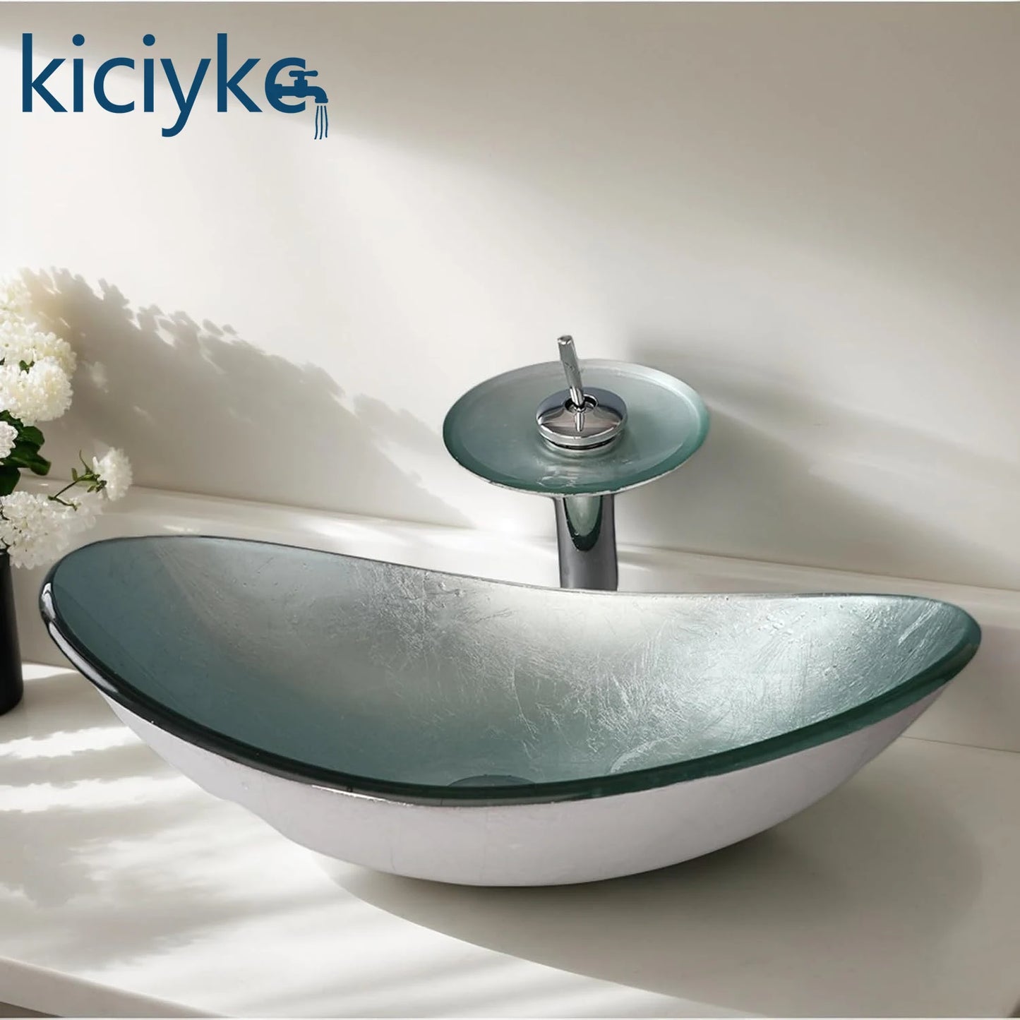 Argento Oval - Silver Tempered Glass Vessel Sink with Faucet