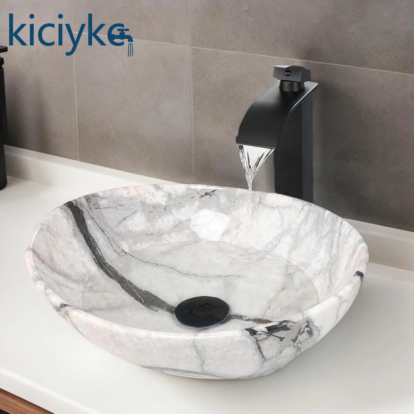 Aurelius Marble-Effect Oval Countertop Basin & Mixer Tap Set