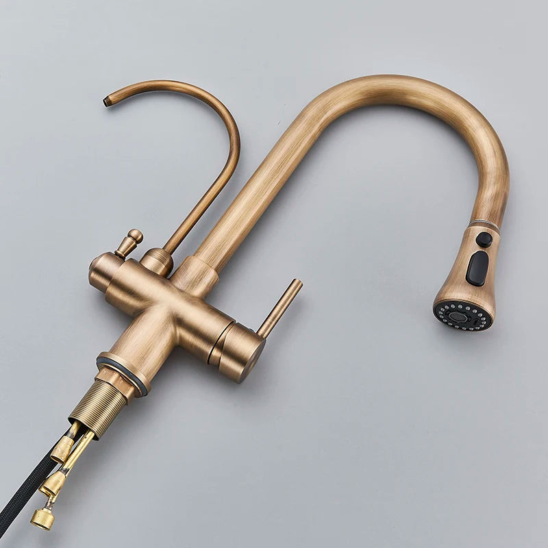 Antique Brass Filter Kitchen Faucet - Pull Out Spout