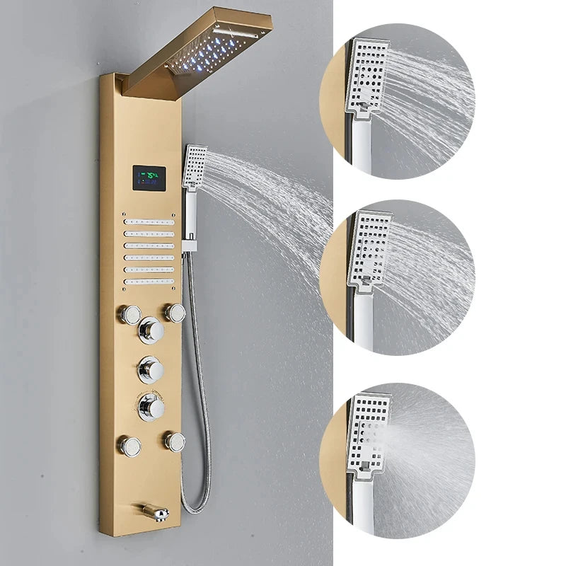 Aureum Luxe - Golden LED Shower Panel with Waterfall & Massage Jets