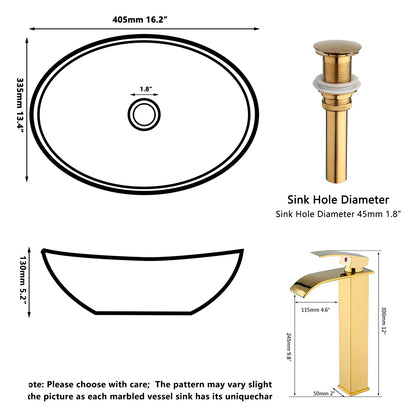 Elara 16" Gold Oval Vessel Sink - Ceramic Above Counter Basin Set