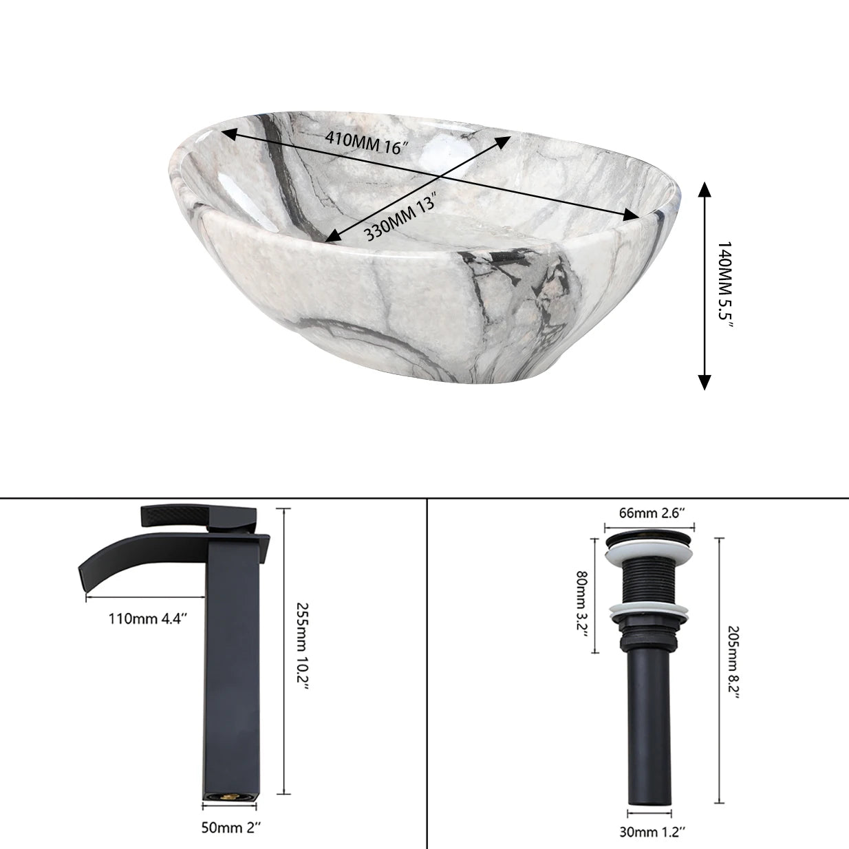 Aurelius Marble-Effect Oval Countertop Basin & Mixer Tap Set