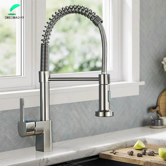 Brushed Nickel Spring Kitchen Faucet with Sprayer