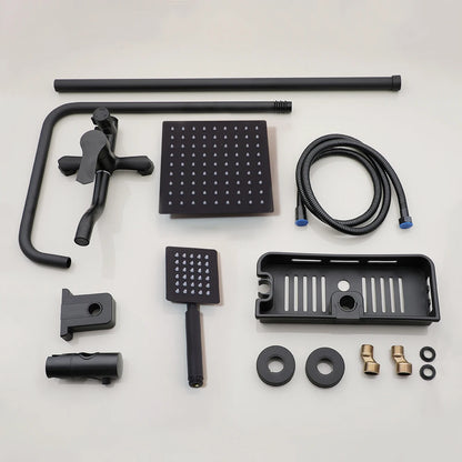 Matte Black Rainfall Shower System with Storage Shelf