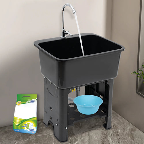 Freestanding Black Utility Sink with Faucet & Shelf