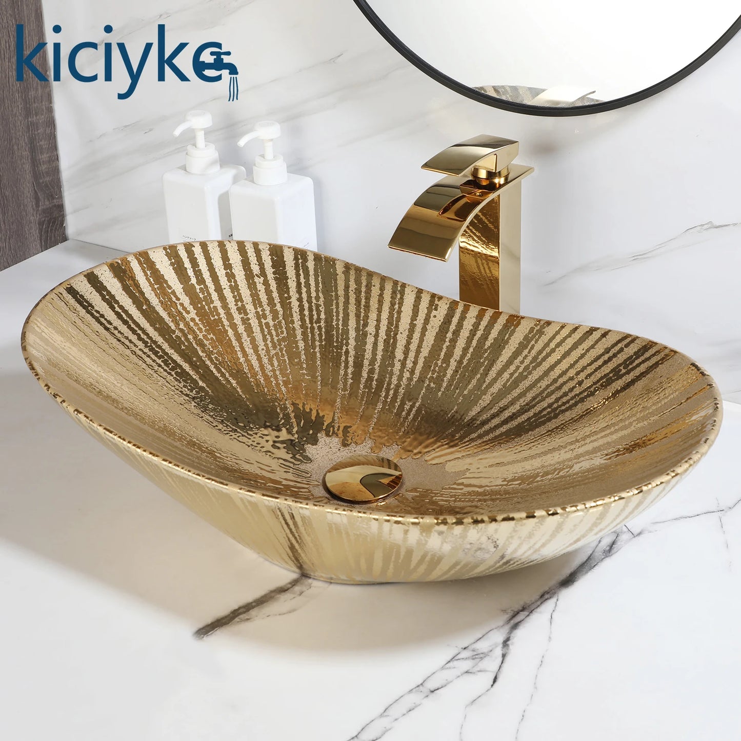 Gold Oval Vessel Sink - 24" Ceramic Basin Set